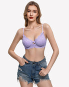 Lilac lace V-neck balconette underwire bra with scalloped lace trim