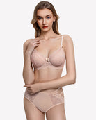 Blush lace V-neck balconette underwire bra with lace cups and adjustable straps
