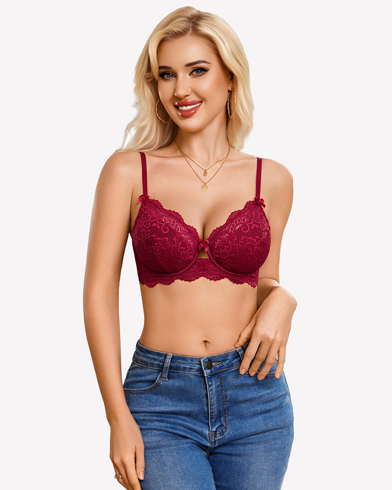 Wine red lace V-neck balconette underwire bra with scalloped lace trim