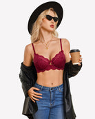 Wine red lace V-neck balconette underwire bra with lace cups and underwire