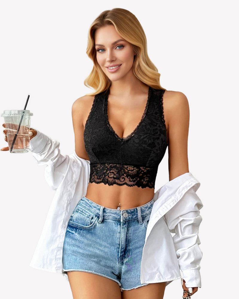 Black lace V-neck racerback crop top, unpadded bralette style