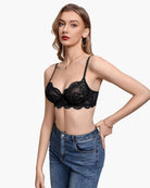 Black lace balconette underwire bra with scalloped lace trim and adjustable straps