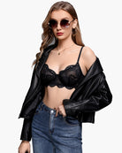 Black lace balconette underwire bra with underwire cups and thin adjustable straps