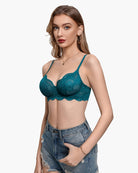Lace balconette underwire bra in teal lace, underwire cups with scalloped edge