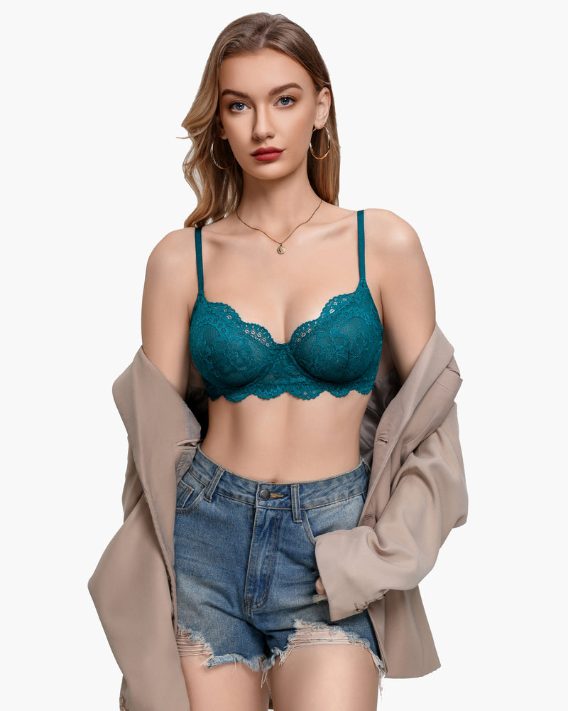 Lace balconette underwire bra in teal lace, front view with scalloped lace cups