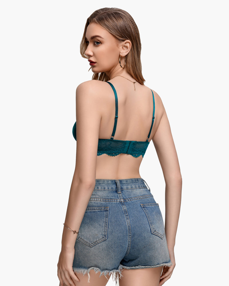 Lace balconette underwire bra in teal lace, back view with thin shoulder straps