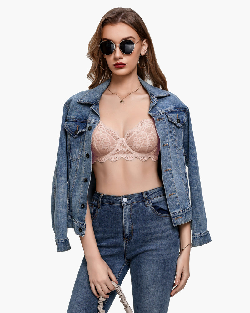 Lace balconette underwire bra in blush, scalloped cups with lace straps