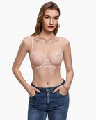 Lace balconette underwire bra in champagne lace, scalloped trim and thin straps