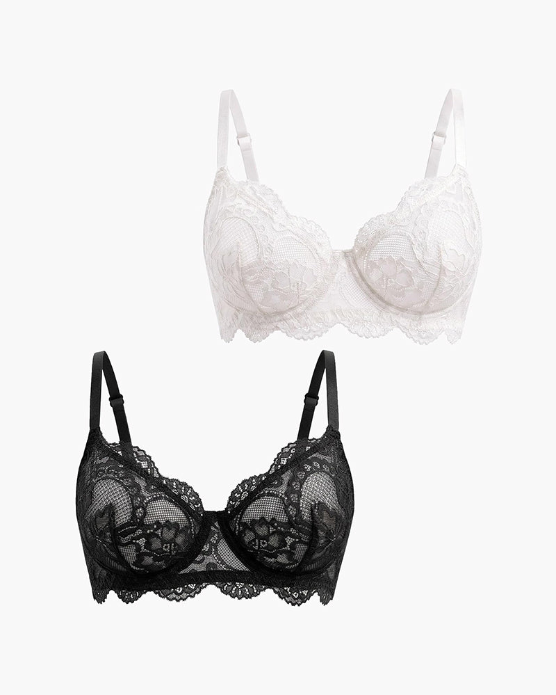 White and black lace balconette underwire bras with thin adjustable straps