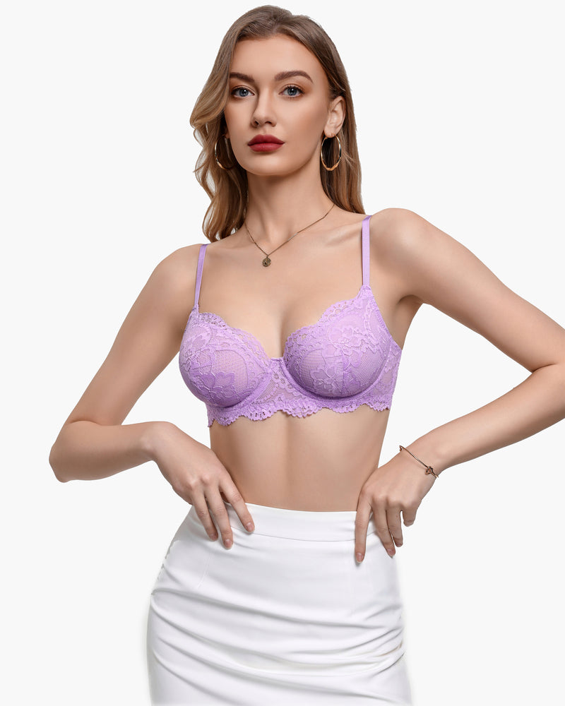 Lilac lace balconette underwire bra with underwire cups and thin adjustable straps