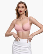 Light pink lace balconette underwire bra with scalloped lace trim and adjustable straps