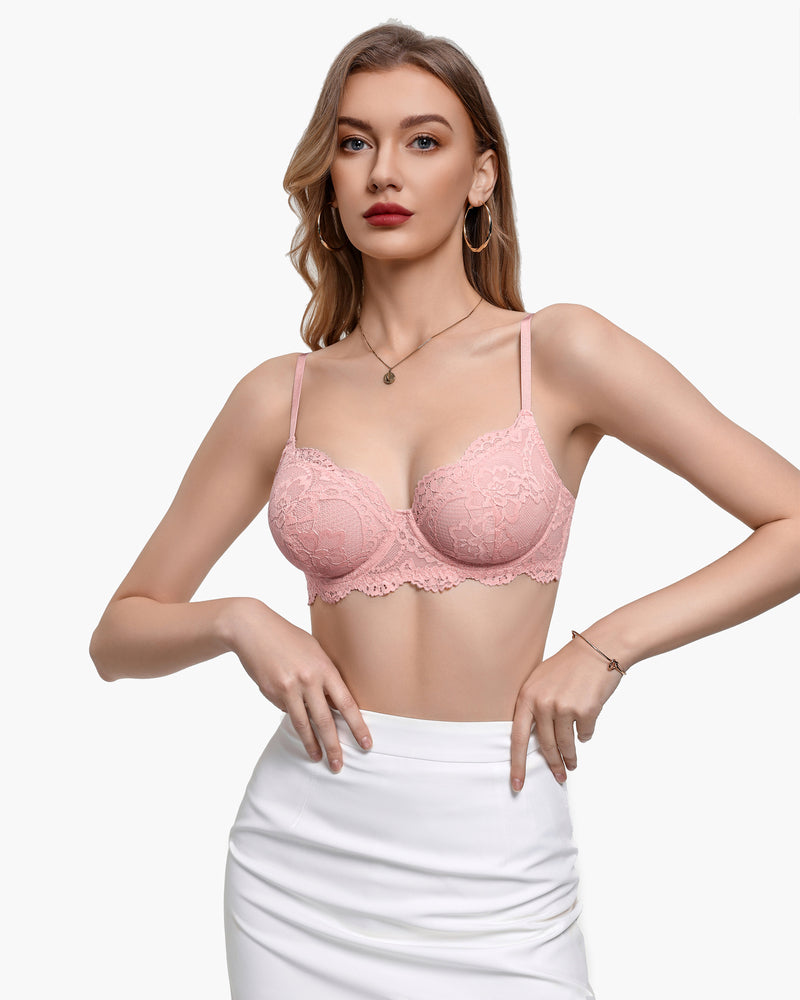 Light pink lace balconette underwire bra with scalloped lace trim and adjustable straps