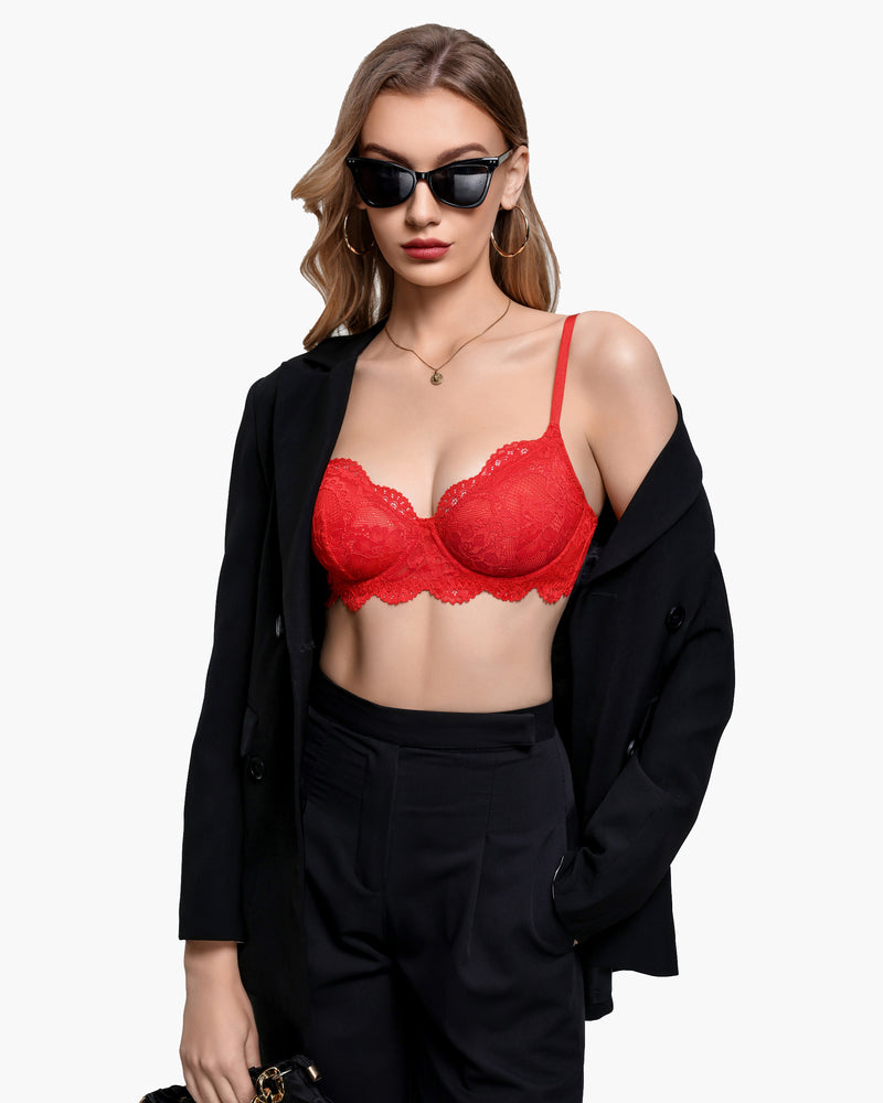 Lace balconette underwire bra in red lace, underwire cups with scalloped bottom