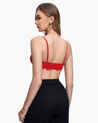 Lace balconette underwire bra in red lace, back view with thin shoulder straps