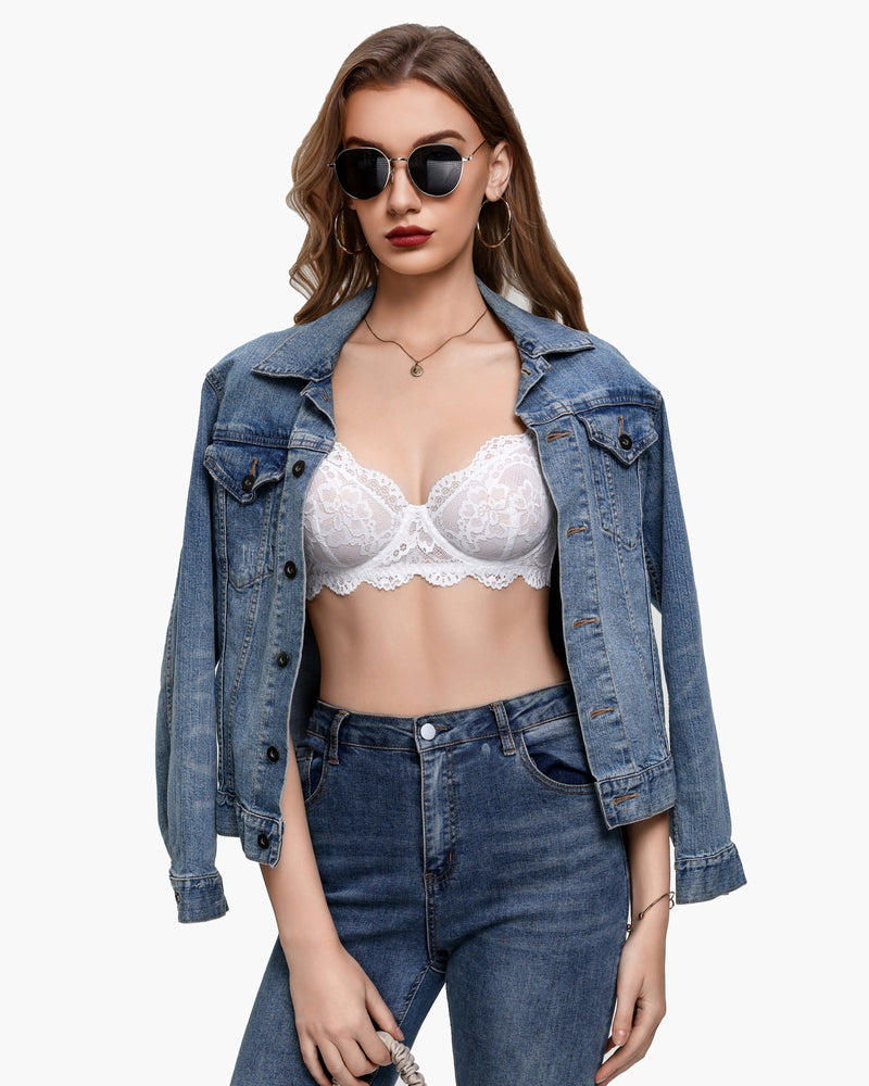 White lace balconette underwire bra with lace cups and underband