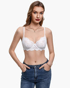 White lace balconette underwire bra with scalloped edges