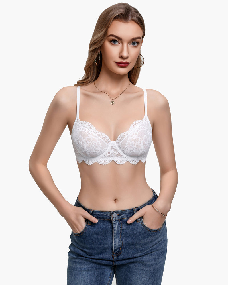 White lace balconette underwire bra with scalloped edges