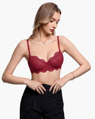 Red lace balconette underwire bra with underwire cups and thin adjustable straps