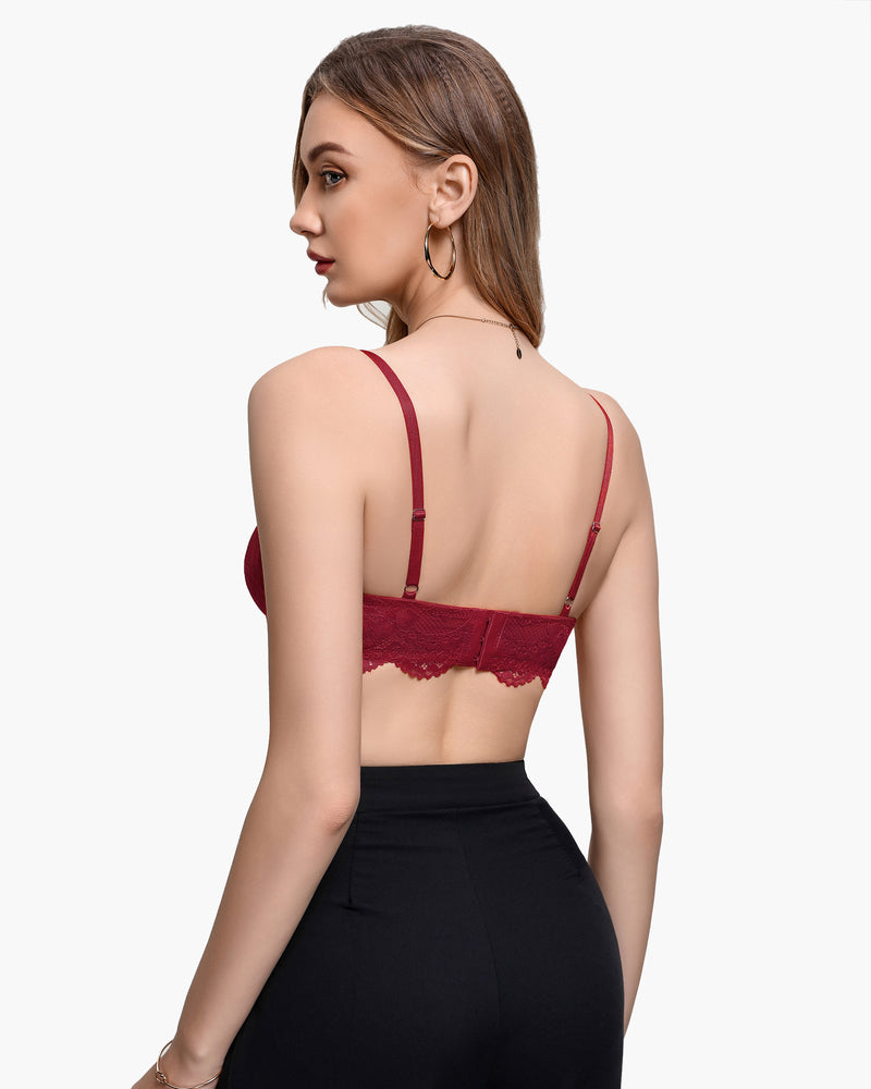 Red lace balconette underwire bra viewed from back with thin adjustable straps