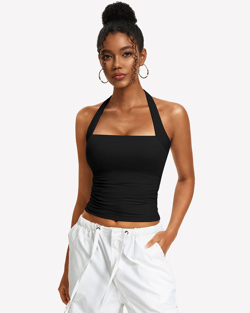Black ruched halter tank top with square neckline and draped ruching