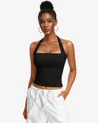 Black ruched halter tank top with square neckline and draped ruching
