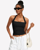 Black ruched halter tank top with ruched front and square neckline