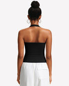 Black ruched halter tank top, back view with square neckline