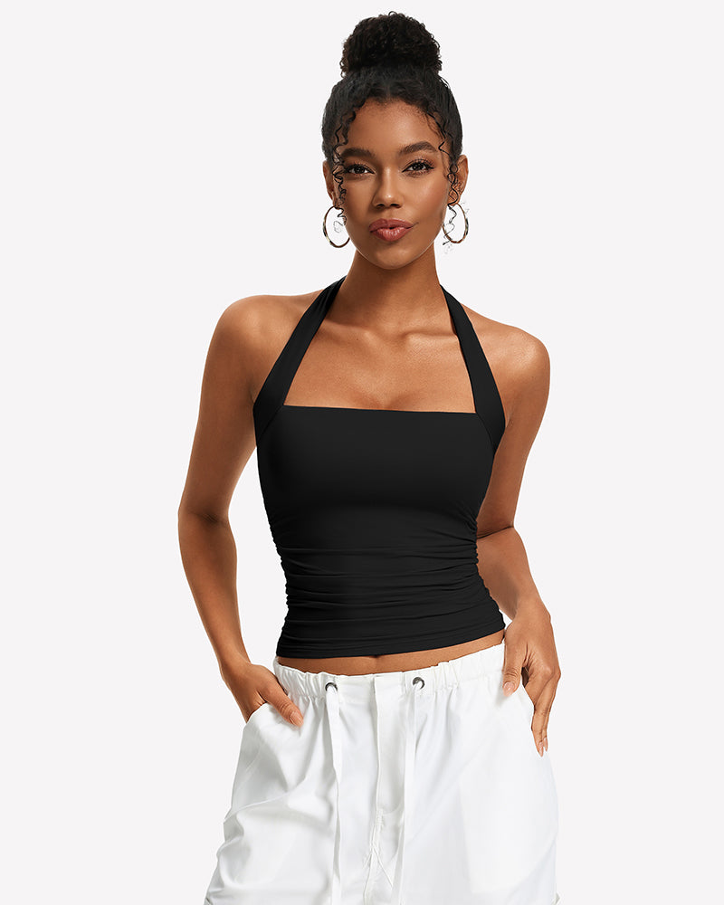 Black ruched halter tank top with square neckline