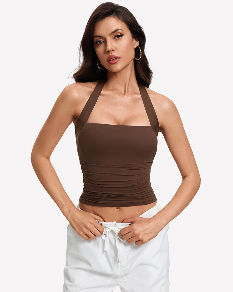 Brown ruched halter tank top with square neckline