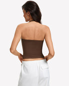 Brown ruched halter tank top, back view with square neckline