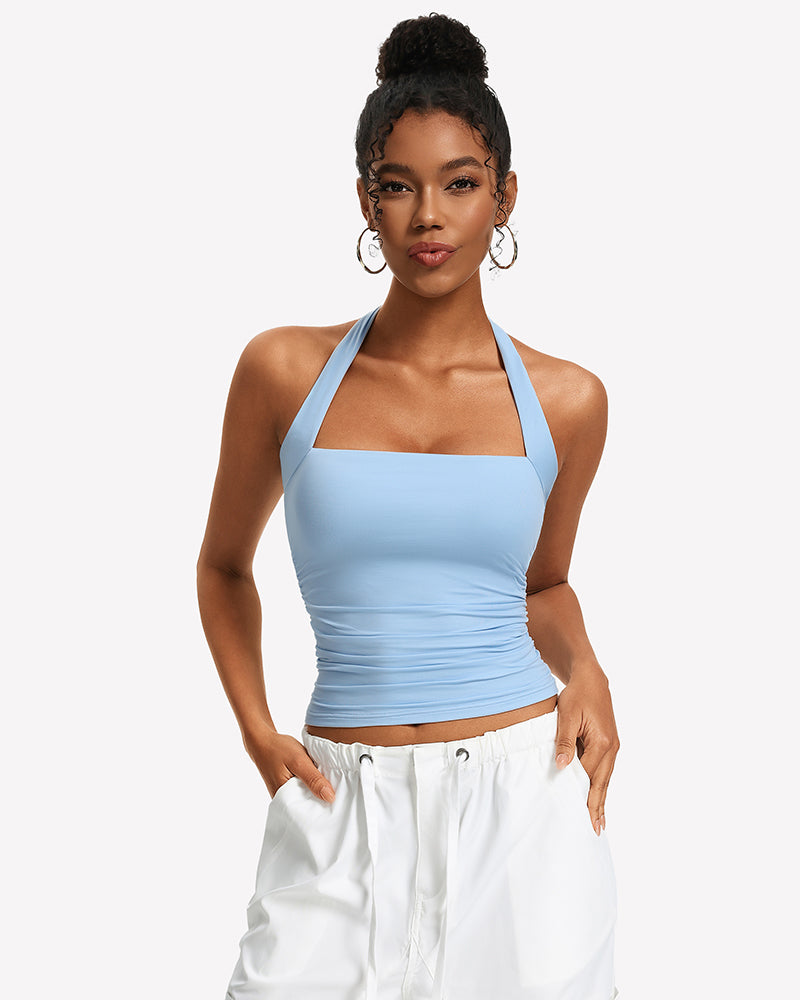 Square-neck ruched halter tank top, light blue with gathered front