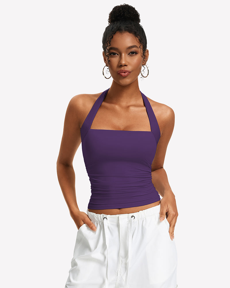 Purple ruched halter tank top with square neckline