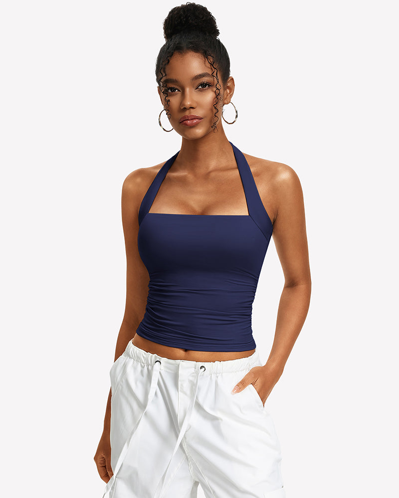 Navy blue ruched halter tank top with square neckline