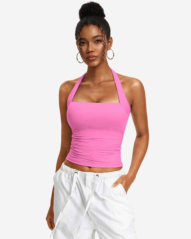 Pink ruched halter tank top with square neckline