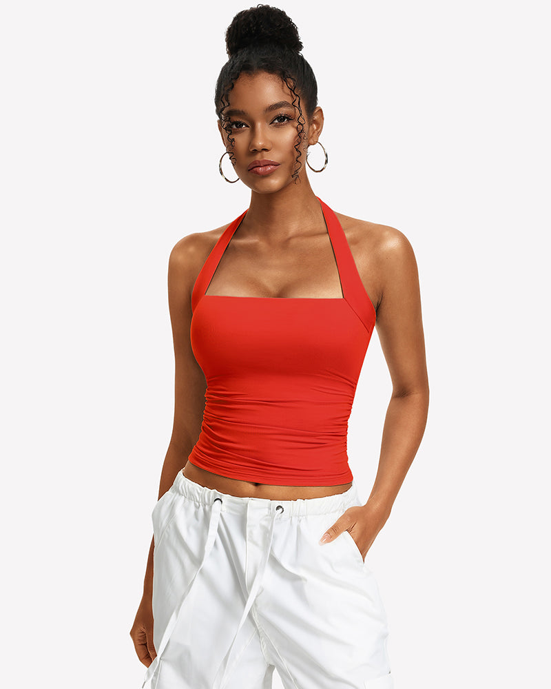 Red ruched halter tank top with square neckline