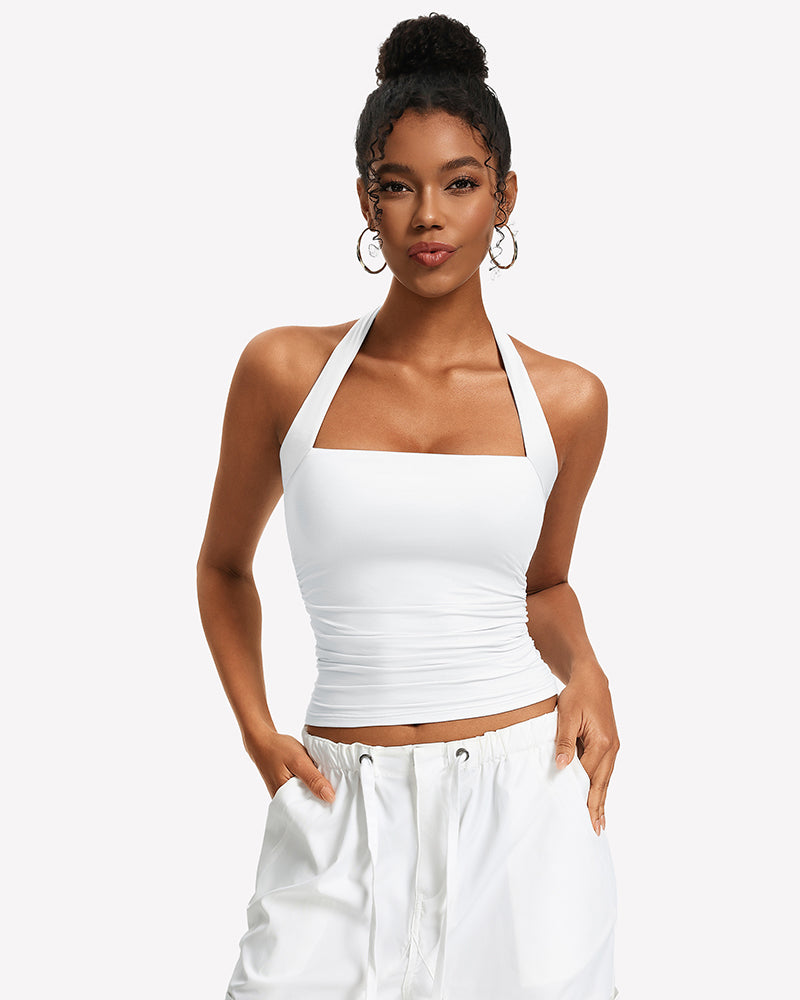 Square-neck ruched halter tank top, white with ruched center front