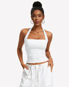 Square-neck ruched halter tank top, white with ruched center front