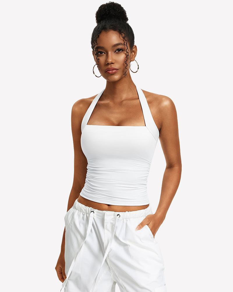 Square-neck ruched halter tank top, white with gathered front