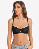 Floral lace underwire bra in black with sheer unlined cups and scalloped lace trim