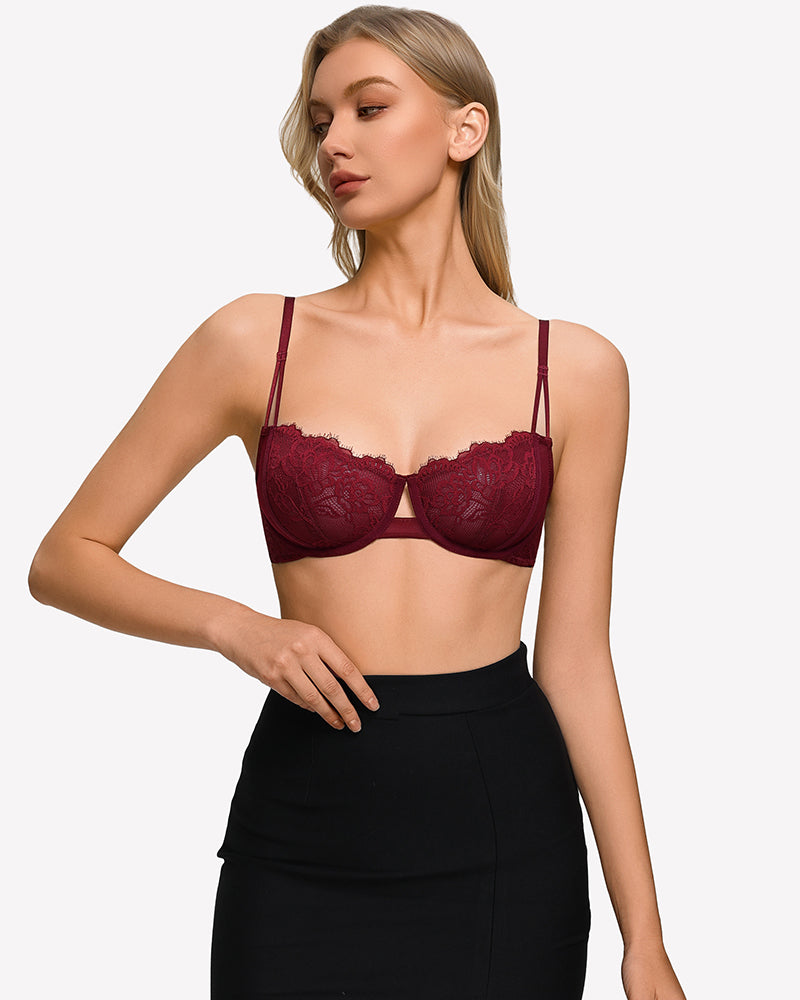 Floral lace underwire bra in dark red with sheer unlined cups and thin adjustable straps