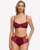 Floral lace unlined bra with sheer mesh, burgundy