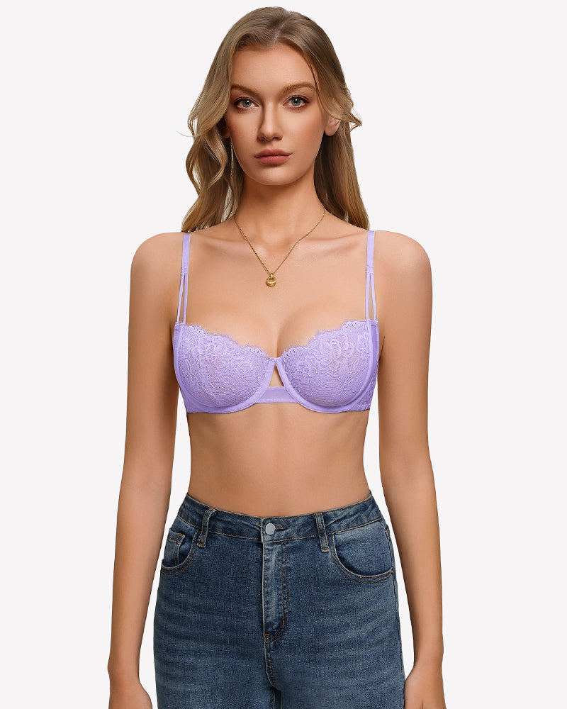 Floral lace underwire bra in lilac with sheer unlined cups and thin adjustable straps