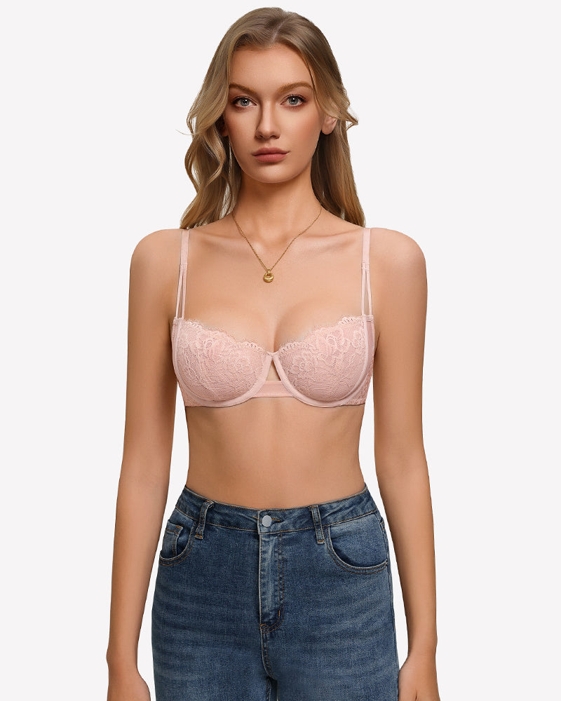 Floral lace unlined bra with sheer mesh, blush pink