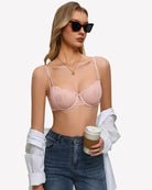 Floral lace underwire bra in blush with sheer unlined cups and thin adjustable straps
