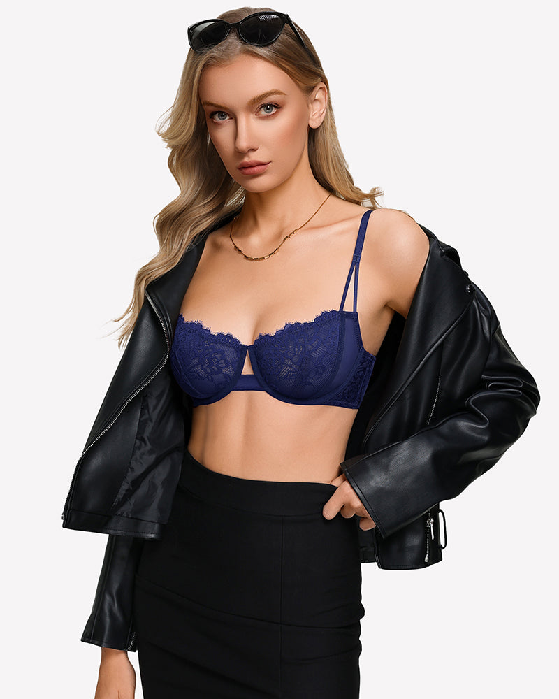 Floral lace unlined bra with sheer mesh, navy blue