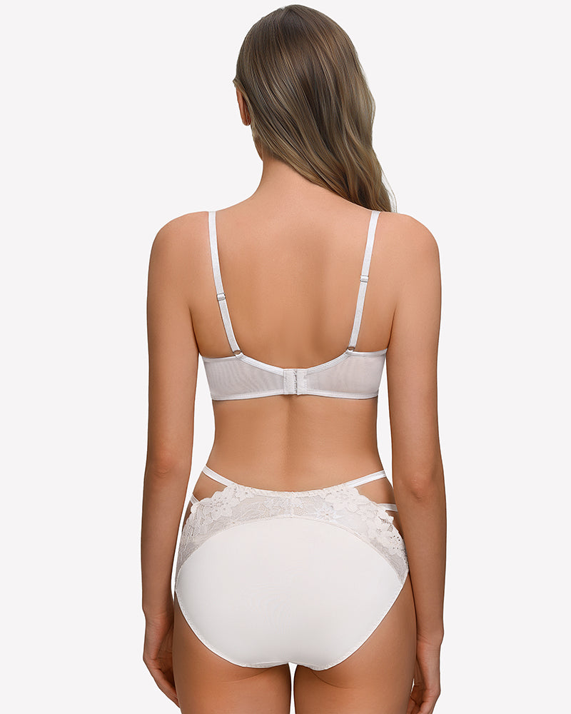 Floral lace unlined bra back with sheer mesh, white