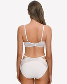 Floral lace unlined bra back with sheer mesh, white