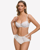 Floral lace unlined bra with sheer mesh, white