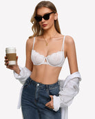 Floral lace underwire bra in white with sheer unlined cups and thin adjustable straps