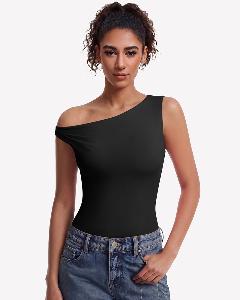 Black off-shoulder asymmetric double-lined bodysuit with one-shoulder neckline, front view.